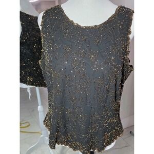 Vtg JKARA New York Black Beaded Evening Top XL Sleeveless Gold Bead Floral